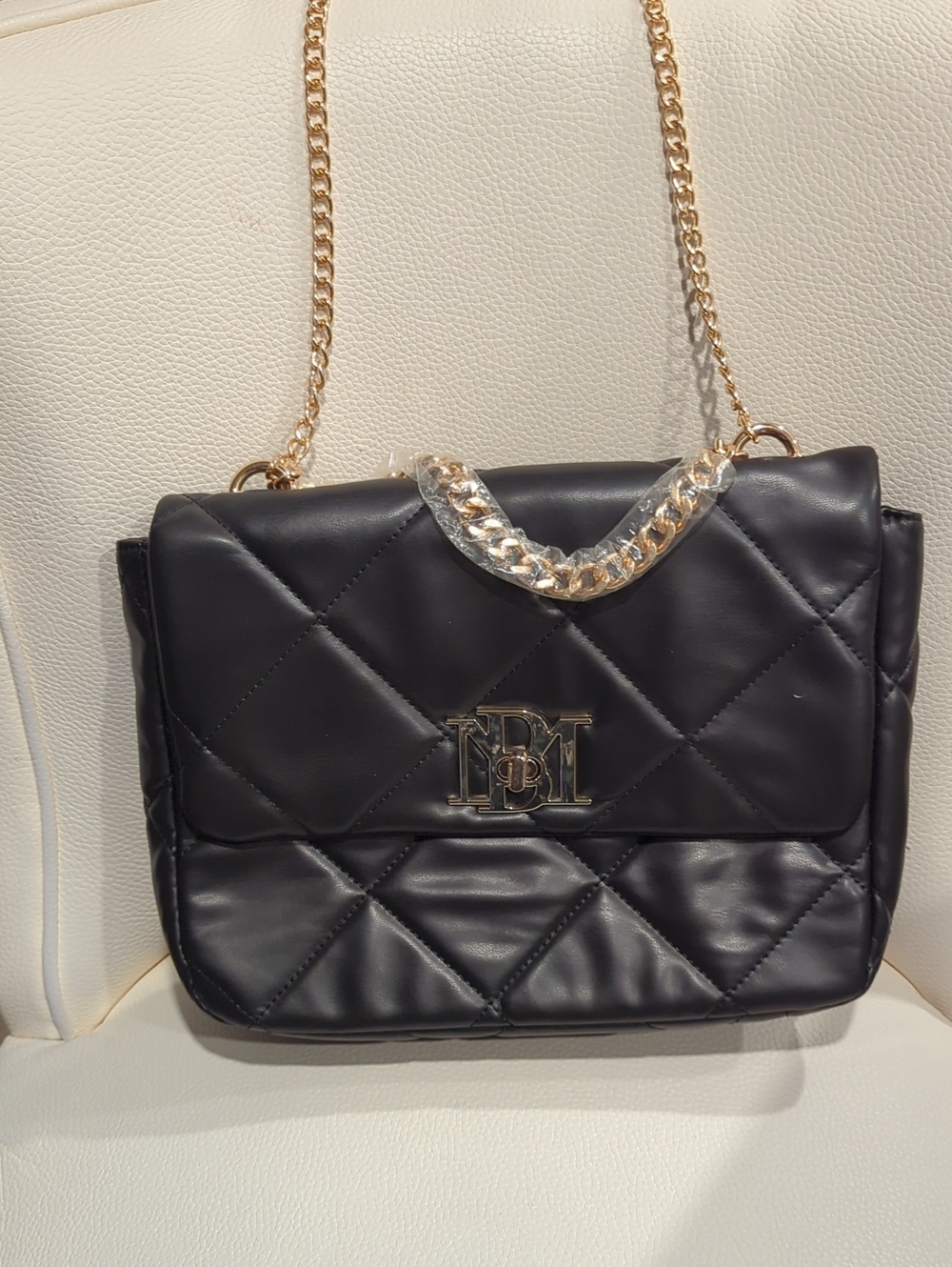 Badgley Mischka Black Quilted Shoulder Bag with Gold Chain